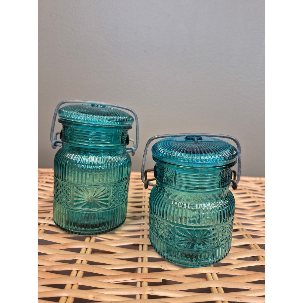 Avon Vintage 1970s Aqua Blue Glass Jars Set of 2 Wire Bail Lid Canisters Teal